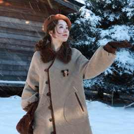 日系女装复古小众毛呢外套2023冬季新款中长款遮肚显瘦呢子大衣潮