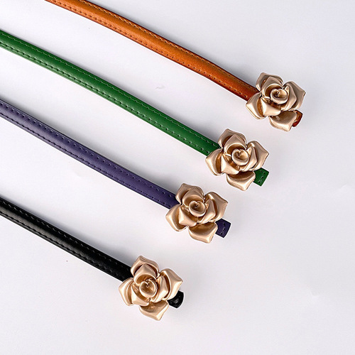 New Leather Women's Slim Waist Belt with Floral Design, Suitable for Turtlenecks and Dresses