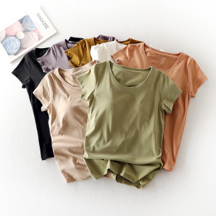 Short-sleeved Women's Summer Slim-fit Thin T-shirt with Chest Pad with Solid Color Half-sleeved New White Bottoming Top for Outer Wear