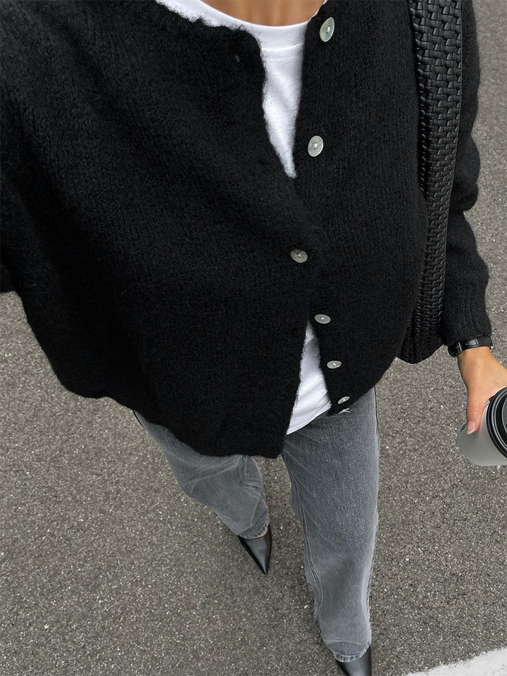 Áo khoác cardigan len nữ cổ tròn dài tay cài một hàng cúc phong cách retro thanh lịch — Màu trắng, Màu xám đậm, Xanh da trời, Xanh lá cây chi tiết 14