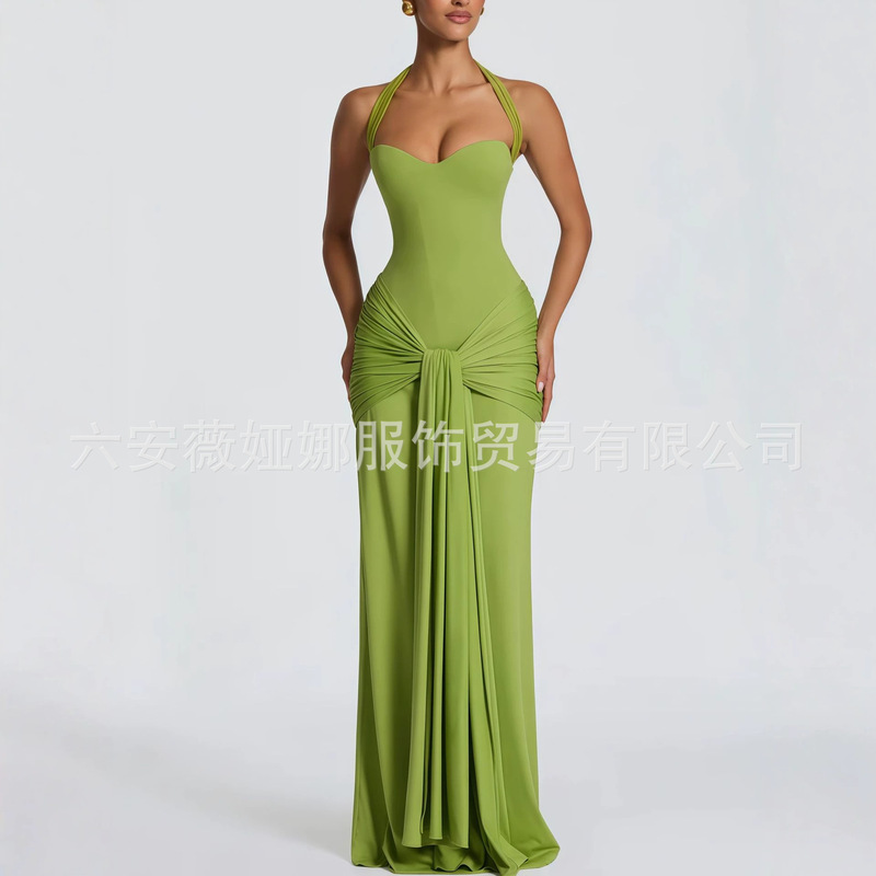AliExpress cross-border halter neck dress for women, slim-fit twisted dress, elegant slimming evening gown for banquets and dinner parties