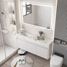 奶油风岩板不锈钢浴室柜小户型洗脸洗手盆柜组合卫生间洗漱台窄长