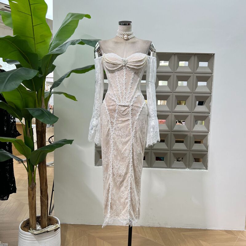 Palace Style Pearl Decorated Fishbone Strapless Long-sleeved Lace Slim-fit dress Stunning Celebrity Dress Ins