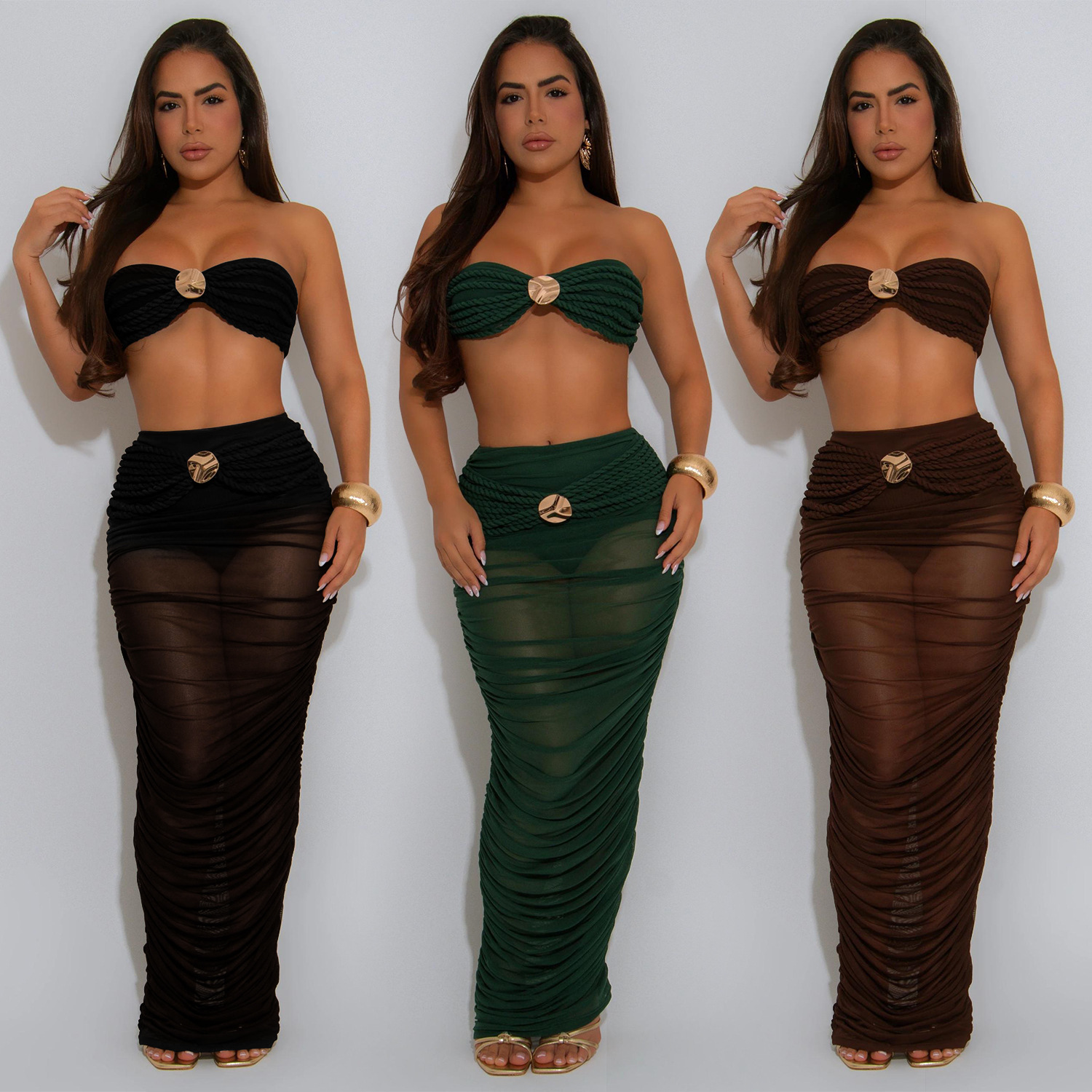 C7529 Aliexpress transfronterizo amazon moda europea y americana ropa de mujer sexy con un pecho transparente vestido de malla larga dos piezas