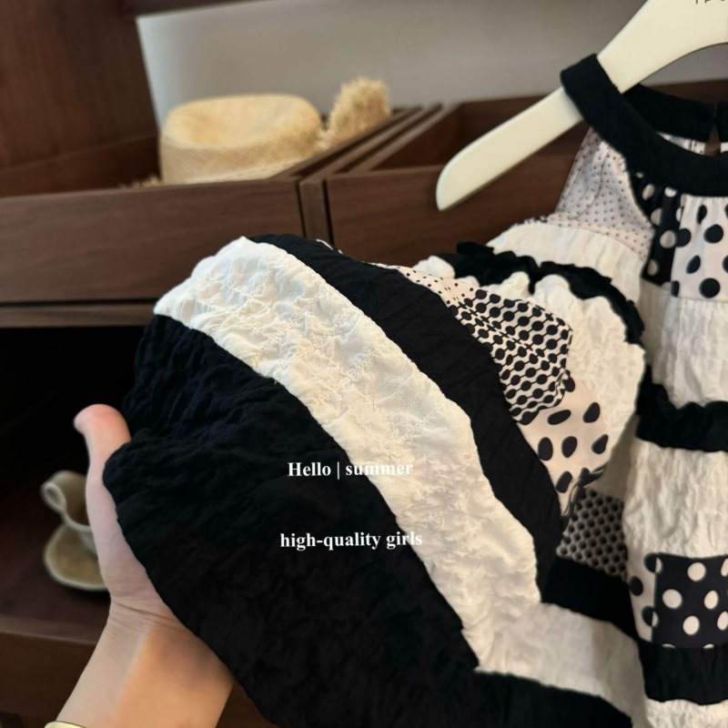 Falda de tirantes para niñas 2025 verano para niñas de moda con lunares a juego de colores, falda de chaleco con cuello halter, vestido de niños de estilo occidental