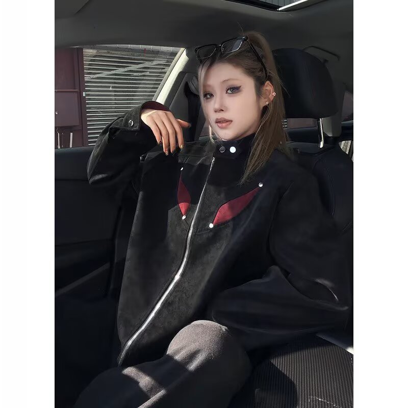 美式反绒皮夹克男高街棒球服休闲雾面潮牌秋季PU质感宽松皮衣外套