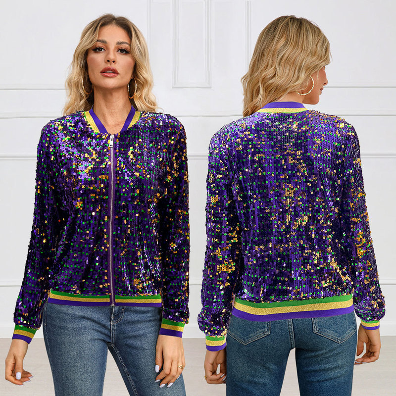 10346 cross-border European and American Amazon long sleeve sequined fashion trend baseball uniform jacket cardigan women's coat 10346 cross-border European and American Amazon long sleeve sequined fashion trend baseball uniform jacket cardigan women's coat