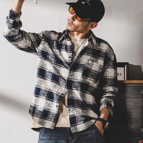 American Heavyweight Retro Plaid Shirt Men's Long Sleeve Loose Fall Trend Japanese Style Collar Shirt for Men Spring Autumn Outer Cross-border
