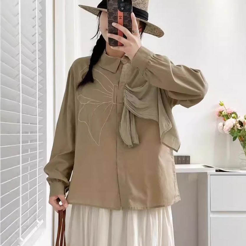 Autumn design elegant solid color shirt with bow for leisure