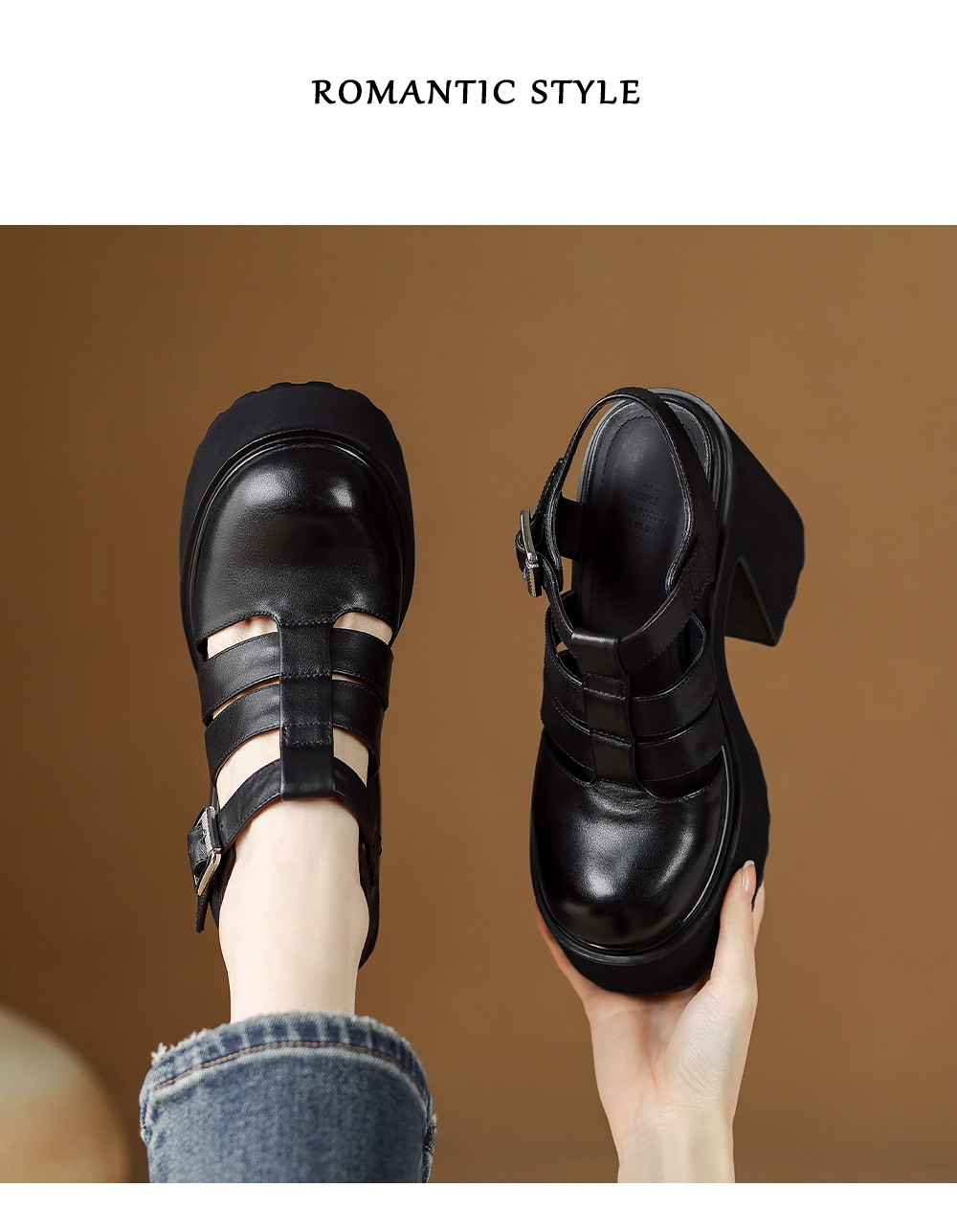 Sandal cao gót nữ mũi kín quai T đế xuồng phong cách La Mã — Da cừu lông đen, Da bò đen chi tiết 9