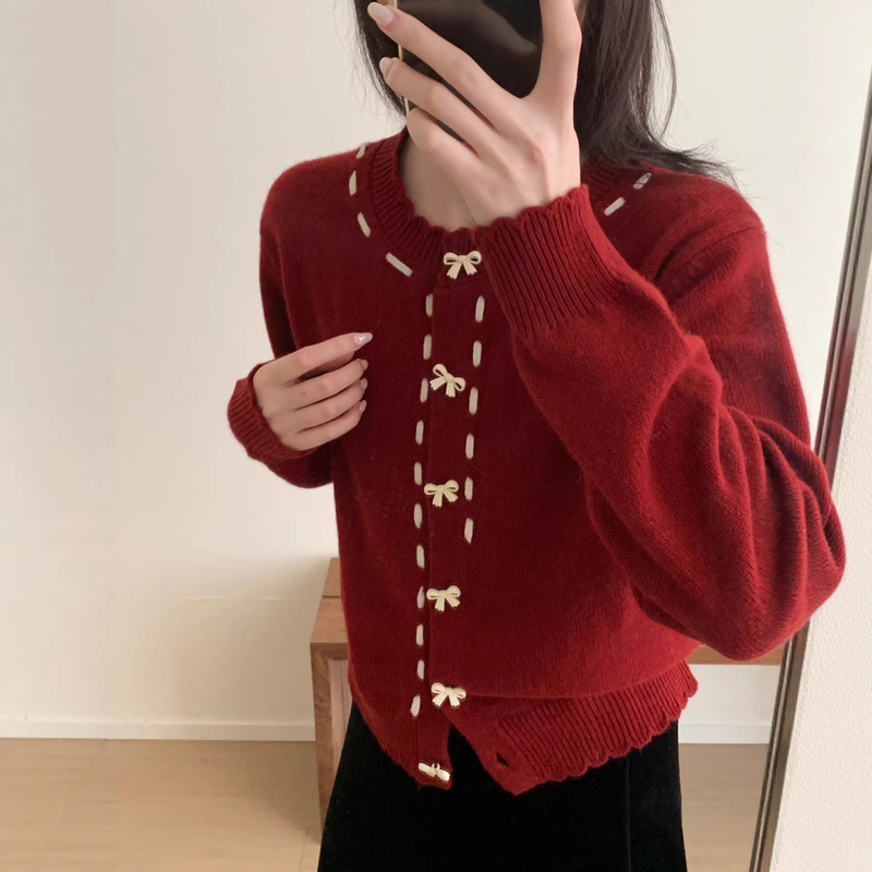 New Year's Women's Wool Sweater, Sweet and Cute Bow-Knot Button Cardigan, Wool Camel Hair Knit Cardigan Sweater New Year's Women's Wool Sweater, Sweet and Cute Bow-Knot Button Cardigan, Wool Camel Hair Knit Cardigan Sweater