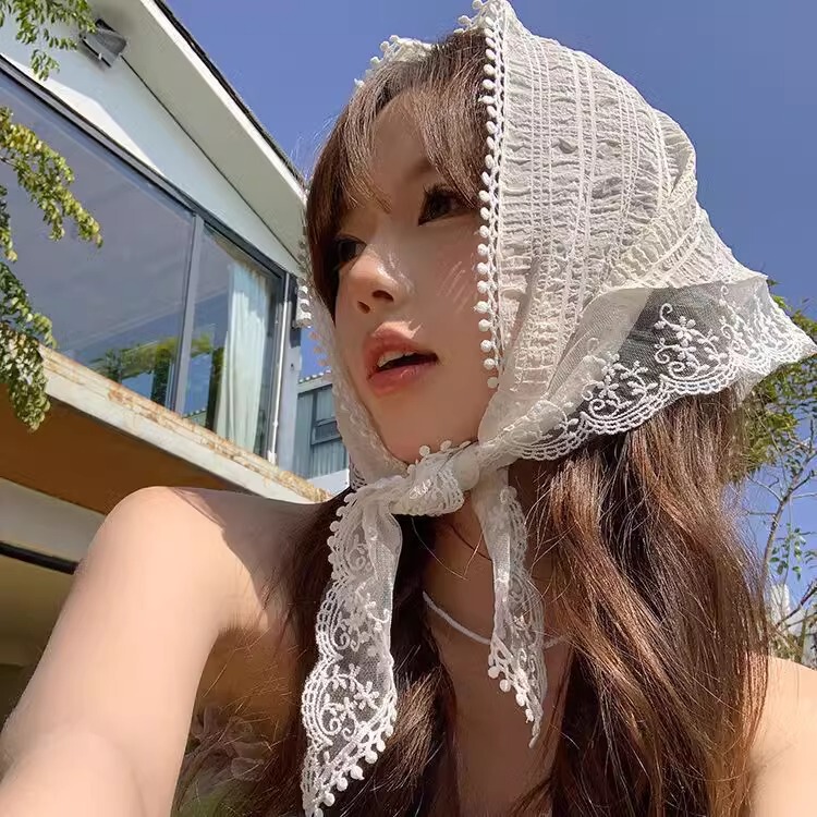 2025 New Women's Lace Retro Decorative Summer French-Style Headscarf Veil Head Wrap Silk Scarf Photo Shoot Spring Triangle Scarf Accessory