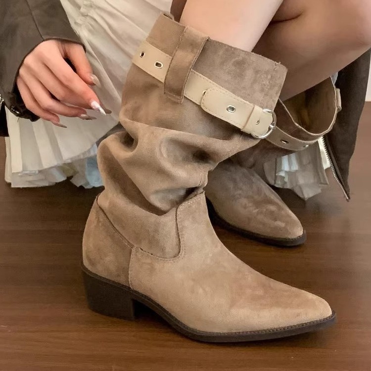"美式慵懒"复古褶皱堆堆靴女秋冬尖头西部牛仔长靴粗跟中筒骑士靴|undefined