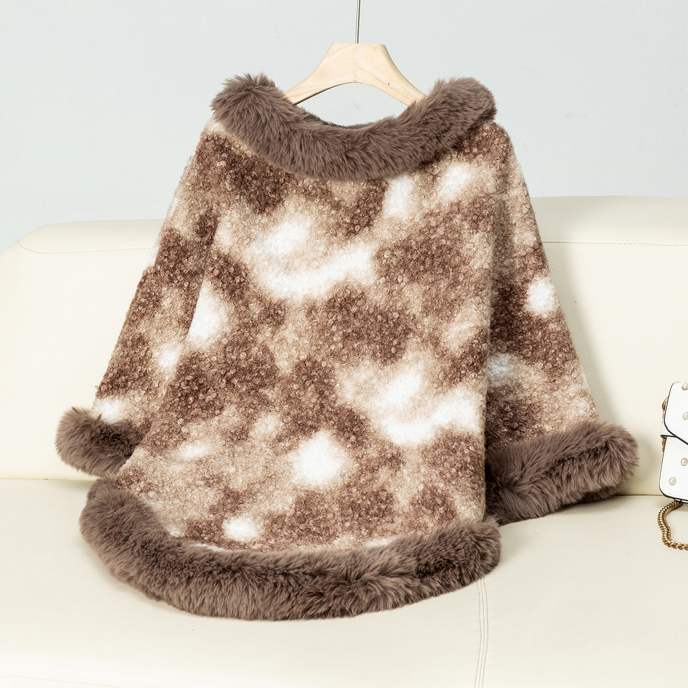 Ensemble col en fourrure tête couleur imprimé léopard tricot cape femme automne-hiver vintage pull ample châle_voghion.com