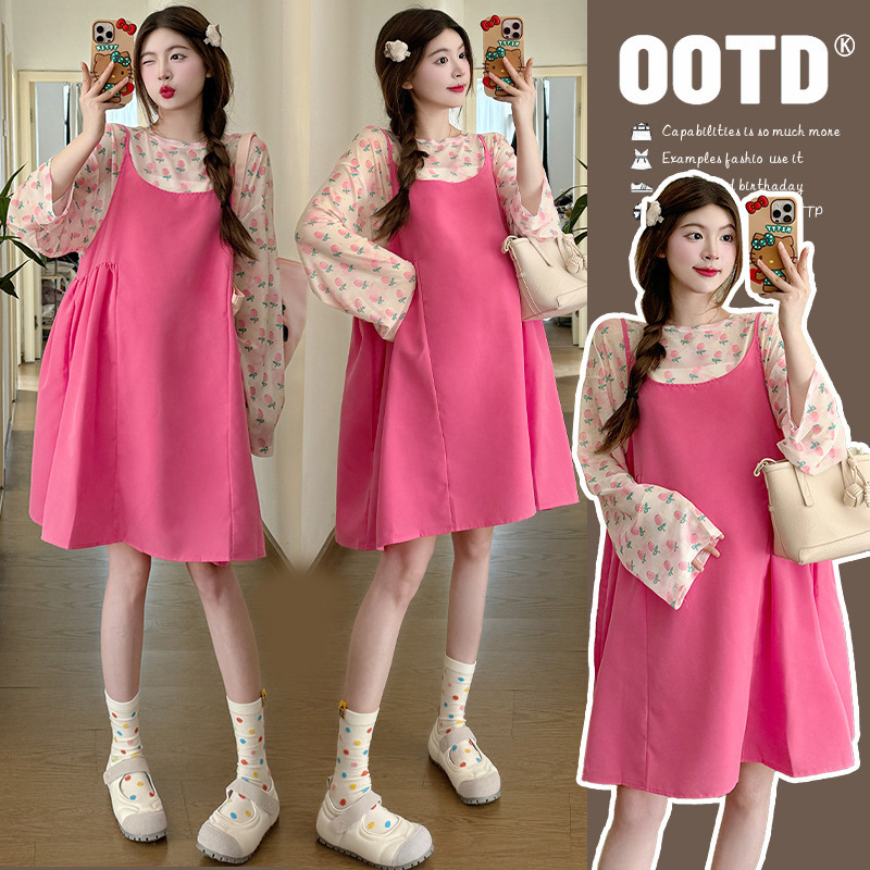 Pregnant women's clothing early spring sweet dopamine printed long-sleeved sun protection clothing cute sweet strap A- line skirt two-piece suit