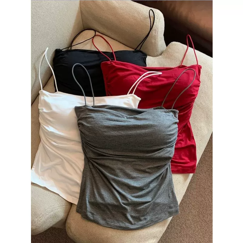 辣妹纯欲褶皱吊带背心女夏季细肩带内搭甜辣风无袖小上衣外穿显瘦