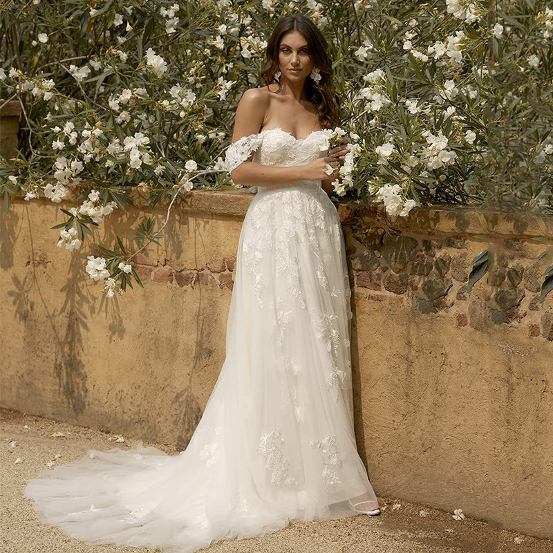 Vestido de novia sexy moda elegante adelgazante hilo ligero Amazon nueva primavera nuevo fuera del hombro tubo superior blanco image 3