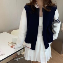 春秋新款学院风撞色立领拉链棒球服女休闲宽松针织开衫毛衣外套