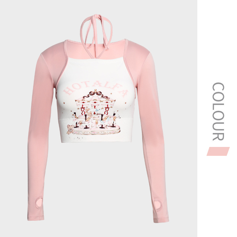 Carousel Yoga Long-sleeved Top Women's Long-sleeved Trousers with Chest Pad Running Sports Fitness Printed Yoga Cover