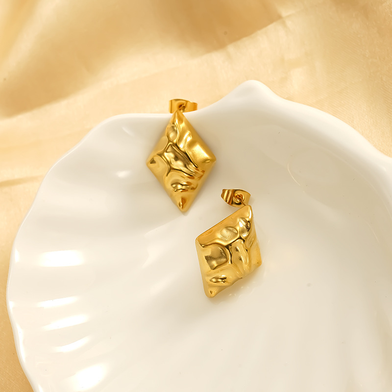 Gold Stainless Steel Hammered Prismatic Stud Earrings Minimalist_voghion.com