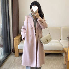 秋冬新款气质粉色赫本风呢子大衣女韩系设计感小个子毛呢外套