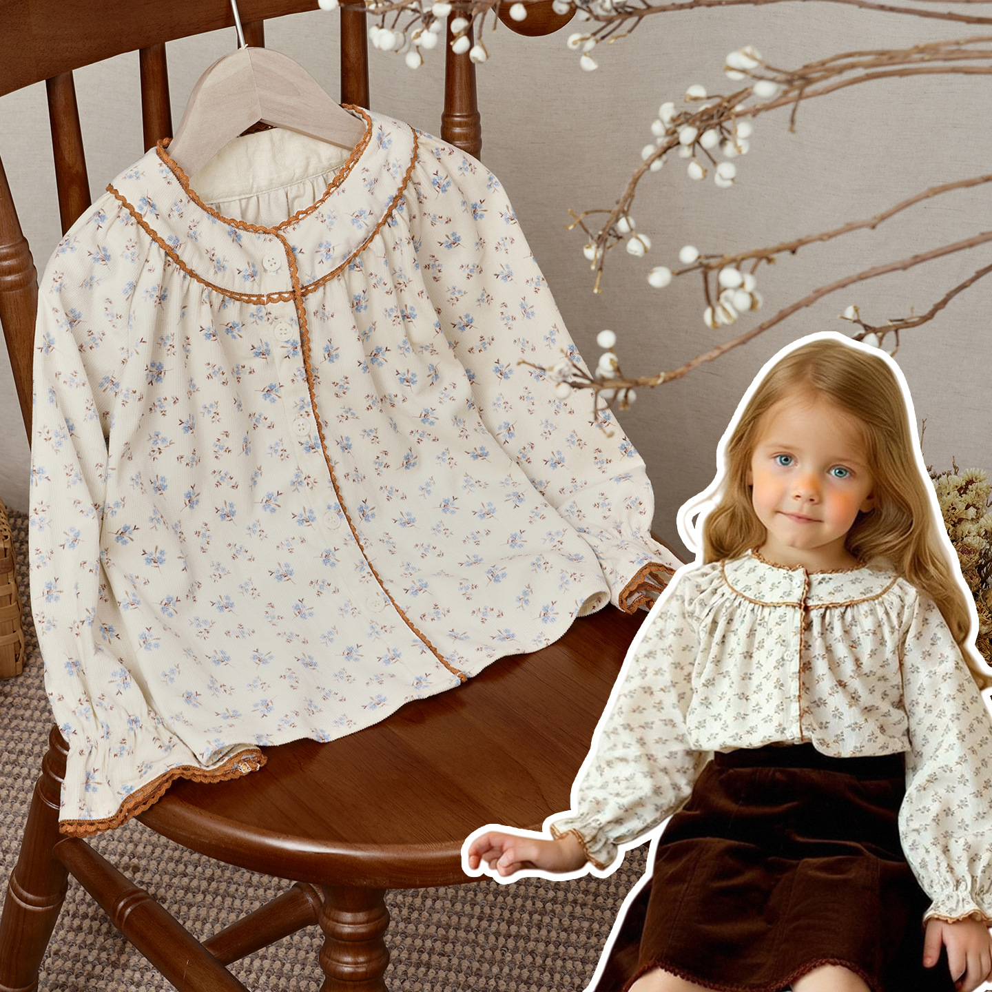 北欧风撞色花边碎花灯芯绒衬衫女25秋冬亲肤立体绒感保暖洋气衬衣