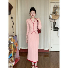 学院风套装女秋冬季新款V领毛衣开衫高腰针织百褶半身裙两件女