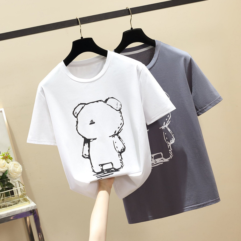 大码新款夏季韩版女装短袖t恤微胖妹妹简约宽松印花上衣一件代发|ru