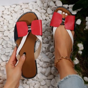 Cross-Border Foreign Trade Hot-Selling New Fashion Trendy Jewelry Bow Flat Sandals Women's European and American Large Size Women's Shoes