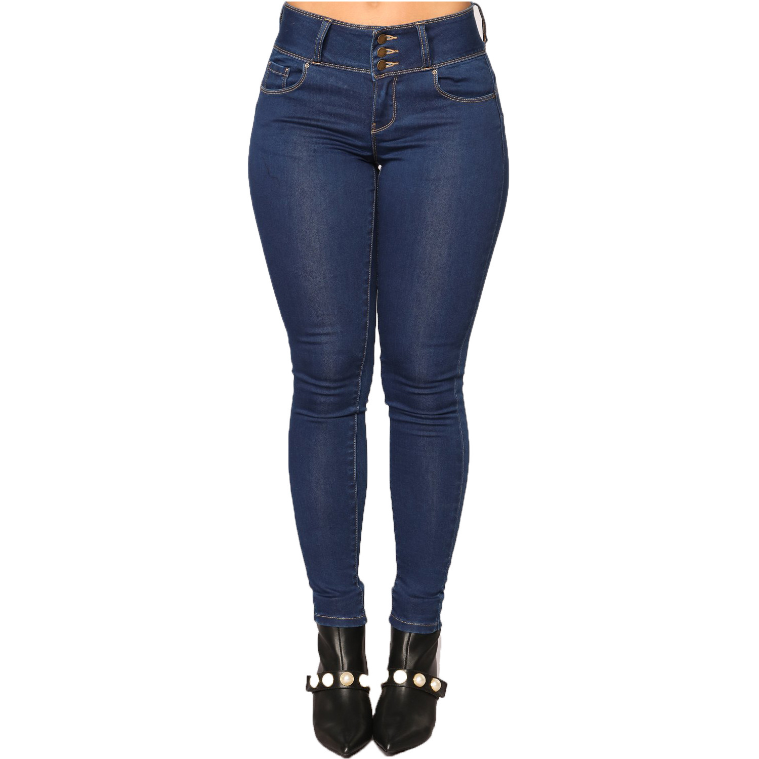 Jeans de Mujer con Botones de Mezclilla de Algodón, Alta Elasticidad, Cintura Media
