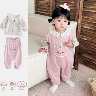 春装春季背带裤衣服婴儿女童套装春秋连体衣两件套外出服宝宝超萌