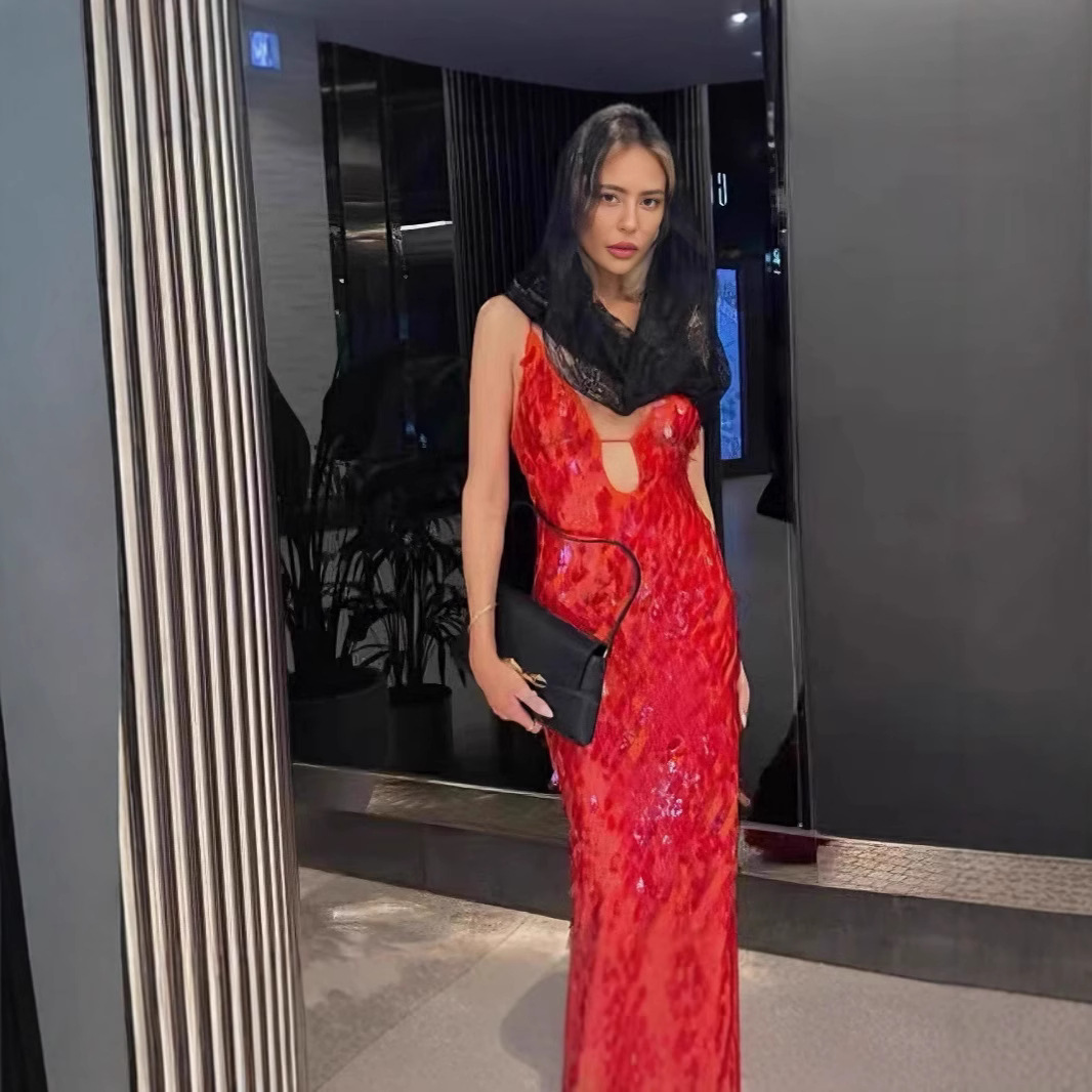 2025 European And American Sexy Women's Camisole Sequin Pure Desire Shiny Long Dress Cross-Border Hot Item Elegant_ecoleips.com