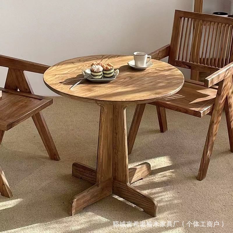 Retro-Style Solid Wood Coffee Table, Tea Table, Dining Table for Restaurants and Guesthouses, Living Room Leisure Table, Japanese-Style Old Elm Round Table, Small Tea Table