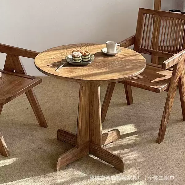 Retro-Style Solid Wood Coffee Table, Tea Table, Dining Table for Restaurants and Guesthouses, Living Room Leisure Table, Japanese-Style Old Elm Round Table, Small Tea Table