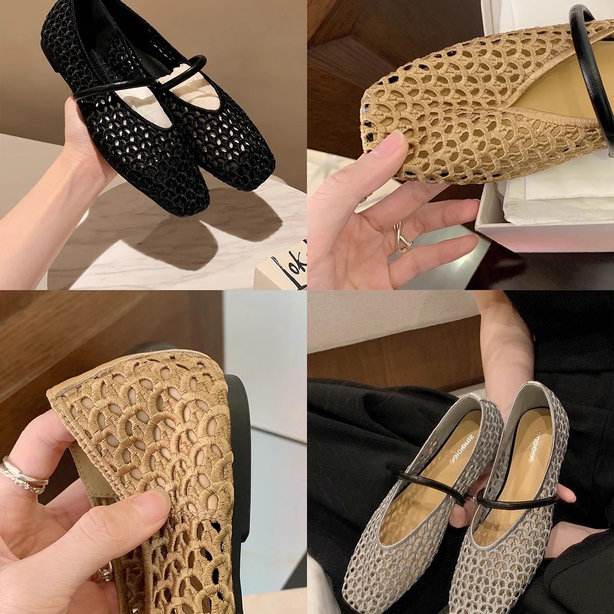 Grape Mom studiolee cabeza cuadrada francesa tejida hueca con zapatos de boca baja de cara suave de todo fósforo mujer