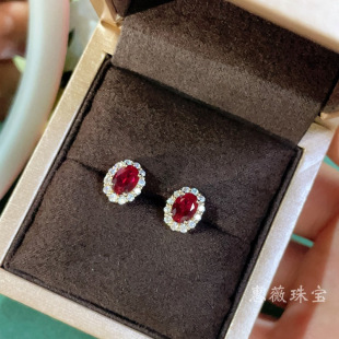 Cultivated Ruby Earrings 18K Gold with Artificial Diamond Regenerated Pigeon Hemoglobin Earrings Color Treasure Earrings