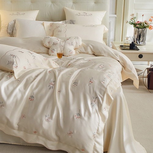 Princess Style Cherry Blossom Rain Embroidery 60 Tencel Four-piece Set for Summer Naked Sleeping Ice Silk Sheets and Quilt Covers Silky Bedding