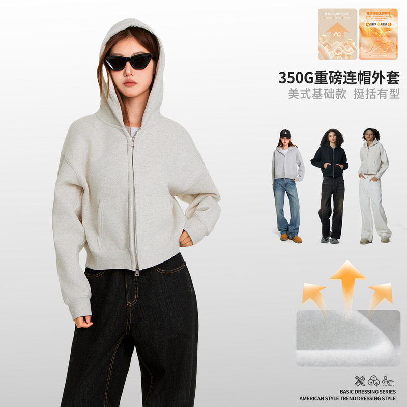 Winter Short Wide Hooded Fleece-Lined Sweatshirt Jacket 350g Heavyweight Casual Zip-Up American-Style Short Sweatshirt for Women Winter Short Wide Hooded Fleece-Lined Sweatshirt Jacket 350g Heavyweight Casual Zip-Up American-Style Short Sweatshirt for Women
