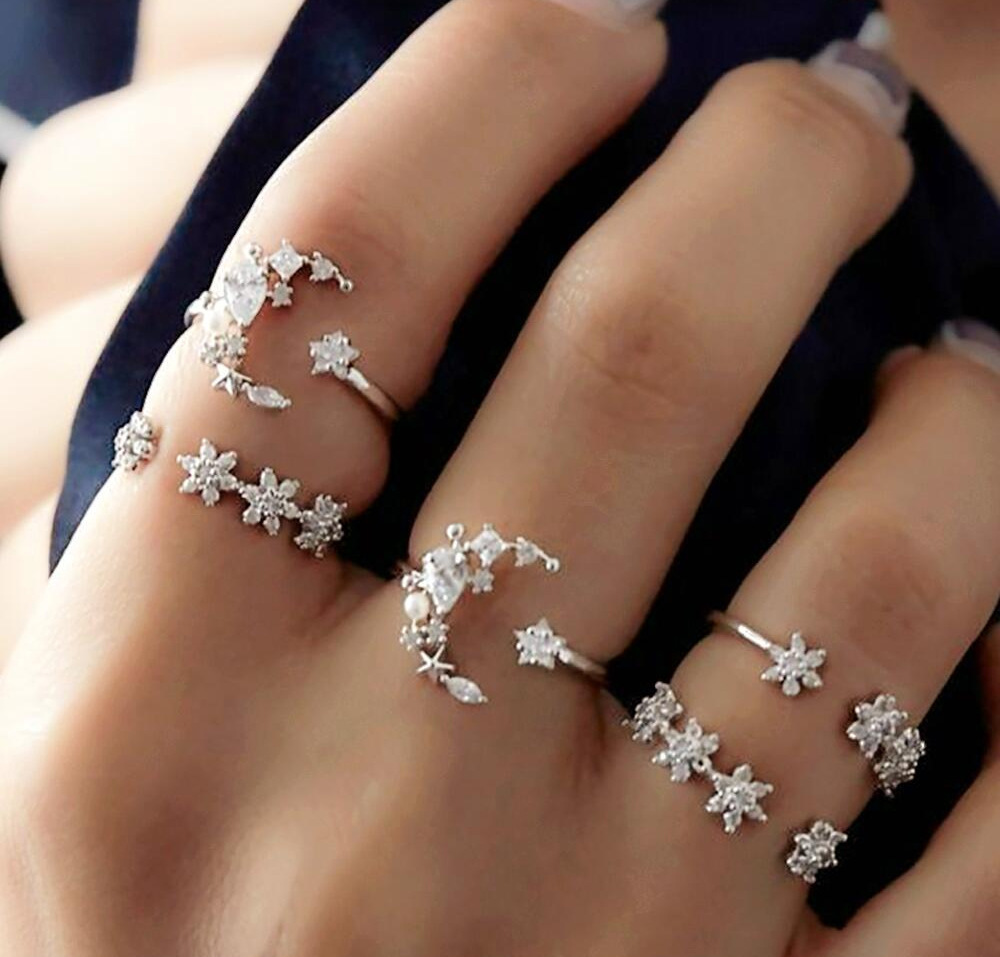 欧美跨境饰品小众精致冷淡风月亮星星波西米亚五件套镶钻套装戒指