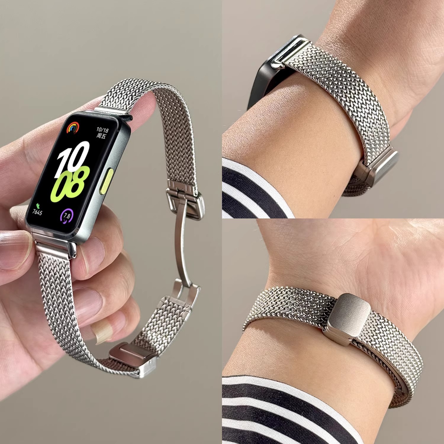 Suitable for Huawei Band 10/11 Watch Strap, Stainless Steel Wheat Ear Magnetic Buckle, Women's Metal Huawei Band 9 Strap