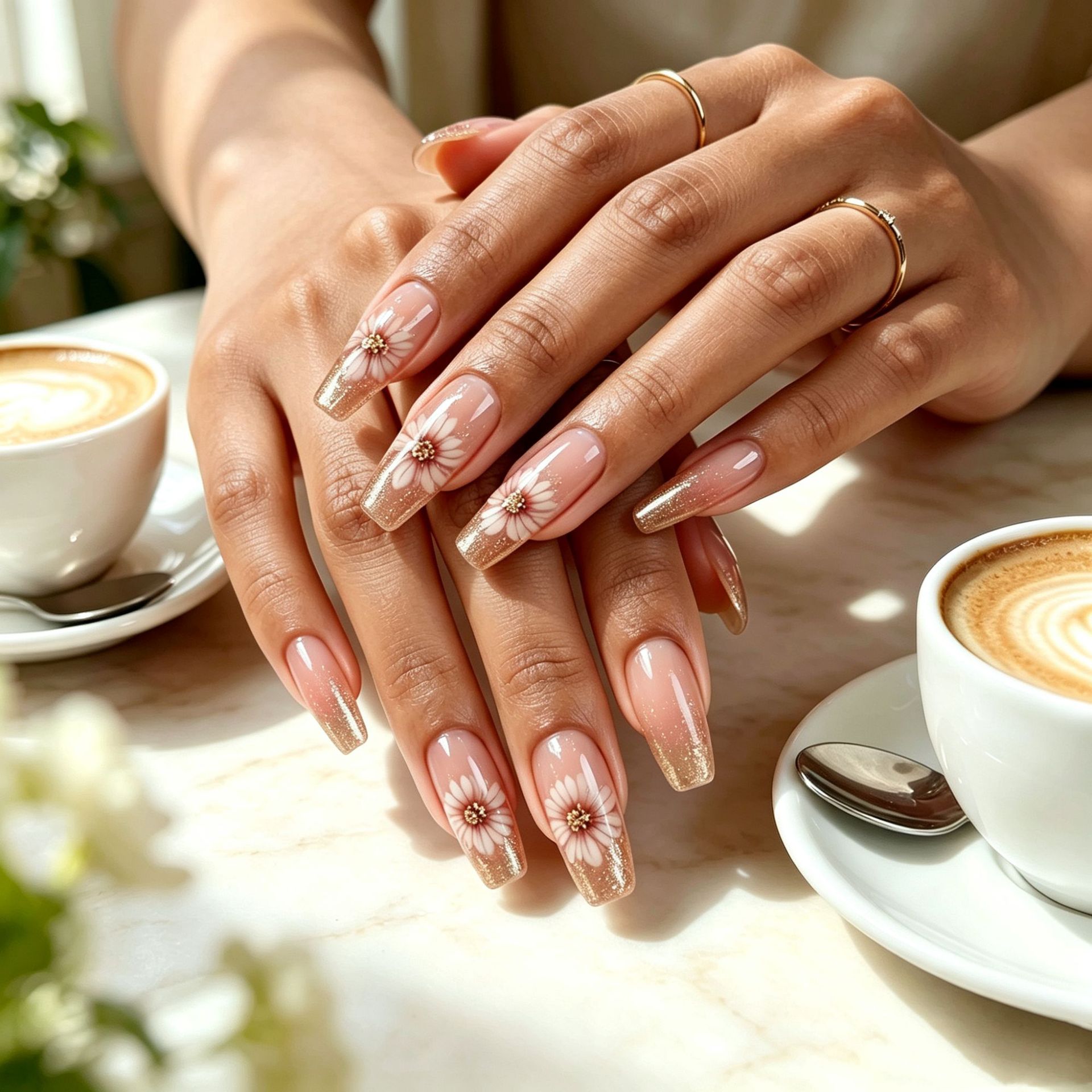 Polvo desnudo Daisy dorado brillante manicure francés suave estilo de hadas desgaste de uñas 24 piezas empaquetadas parches de uñas terminados