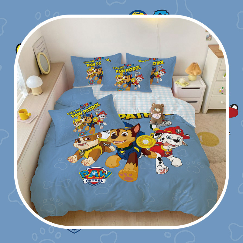 All-Cotton Paw Patrol Four-Piece Set, Pure Cotton Cartoon Ryder And天天 Three-Piece Set, Cartoon Dormitory Single Bed Duvet Cover