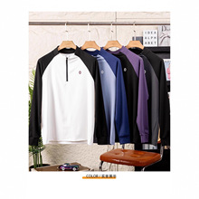 春秋款男士圆领套头拼色弹力宽松休闲T恤时尚潮男半拉链长袖卫衣