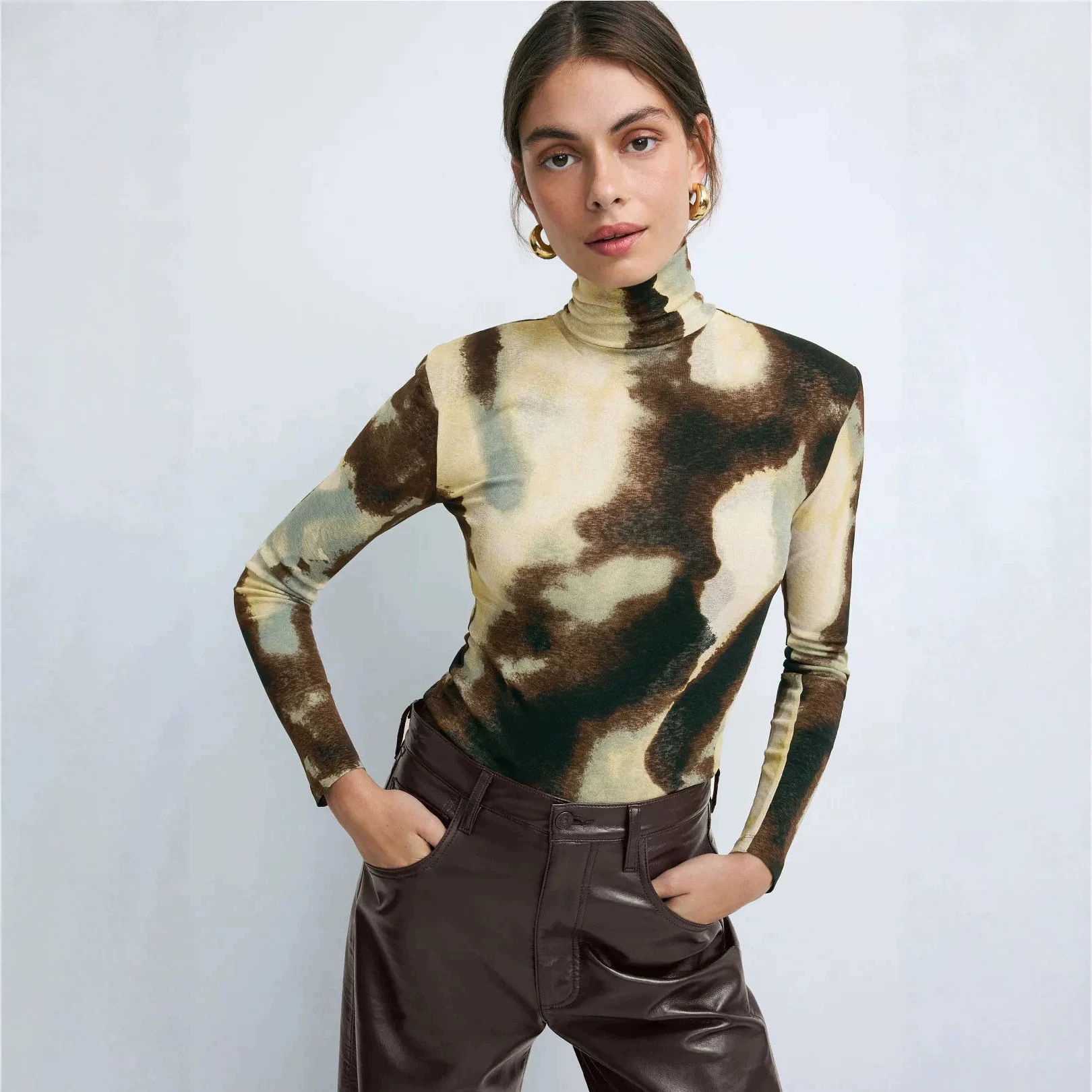 European and American cross-border best-selling high-neck tie-dye long-sleeved base shirt for women, made of mesh stretch slim fit retro print.