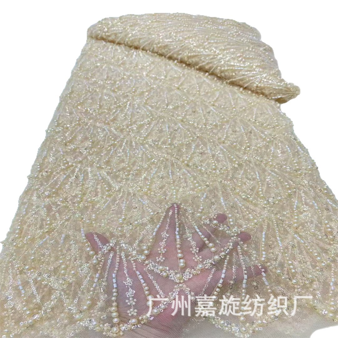 Tela de malla de cuentas con forma de flor, resistente, ecológica, teñida, con bordado de tubos de cuentas para vestidos de novia y trajes de gala.