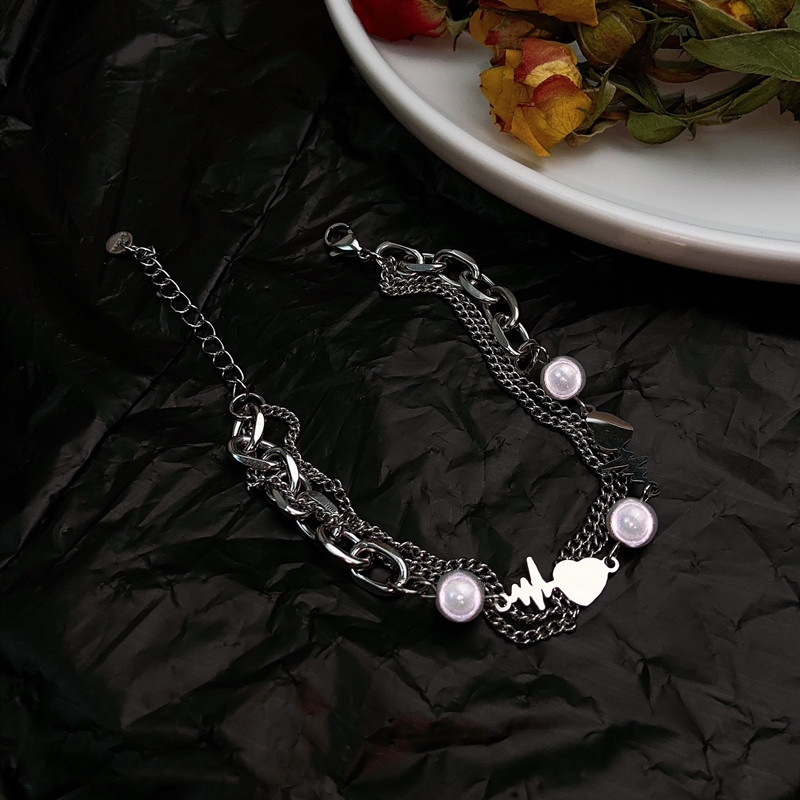 Pearl heart shaped stacked sweet hiphop punk jewelry titanium steelpicture3