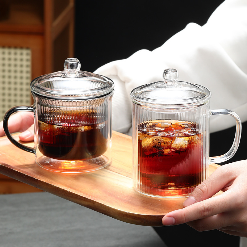 Fabricante al por mayor simple taza de vidrio de doble capa de rayas verticales transparente taza de vidrio resistente a altas temperaturas con mango taza de café de vidrio image 1