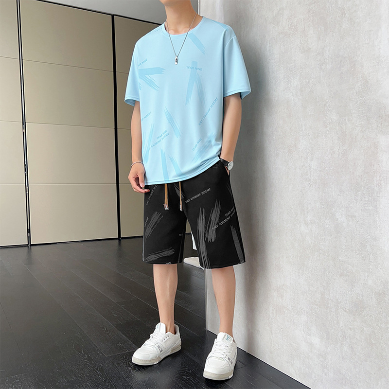 Cross-Border Ice Silk Casual Suit Men's Summer Thin Loose Sports Quick-Drying Short-Sleeved T-Shirt Shorts Two-Piece Set Large Size
