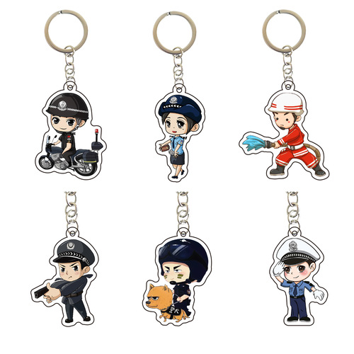 Cartoon police acrylic keychain firefighter traffic police keychain double-sided pendant promotional gift bag pendant