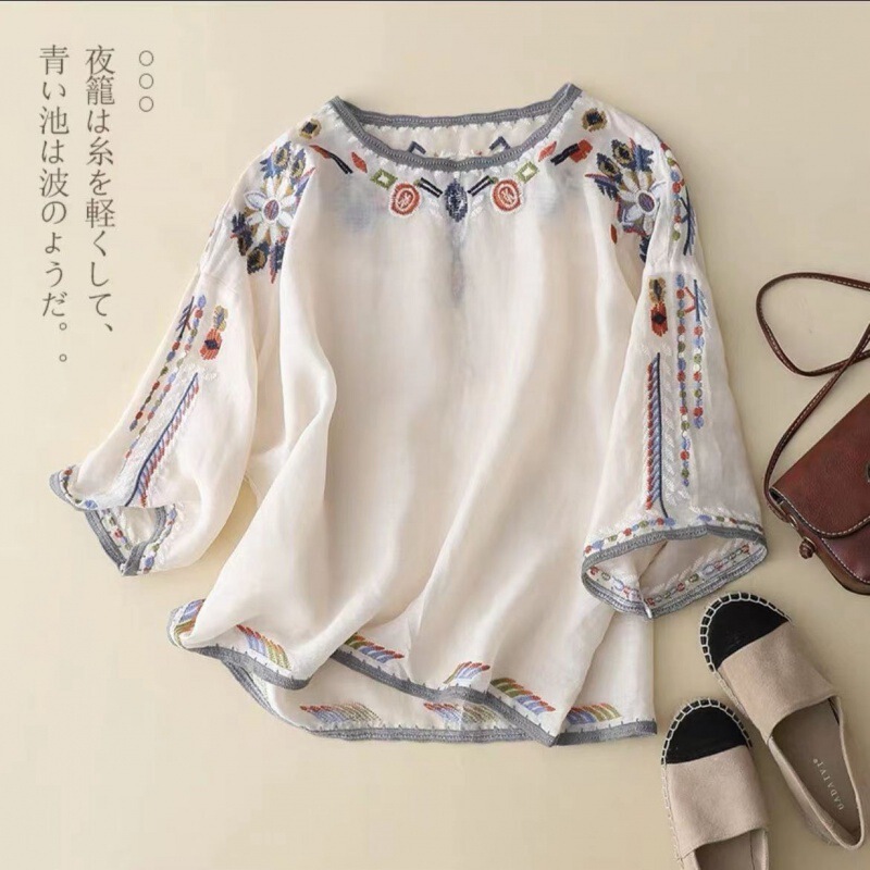 Official Figure Ethnic Style Embroidered Large T-shirt Simple Elegant Elegant Niche 2023 Summer New Loose Large Size All-match Shirt